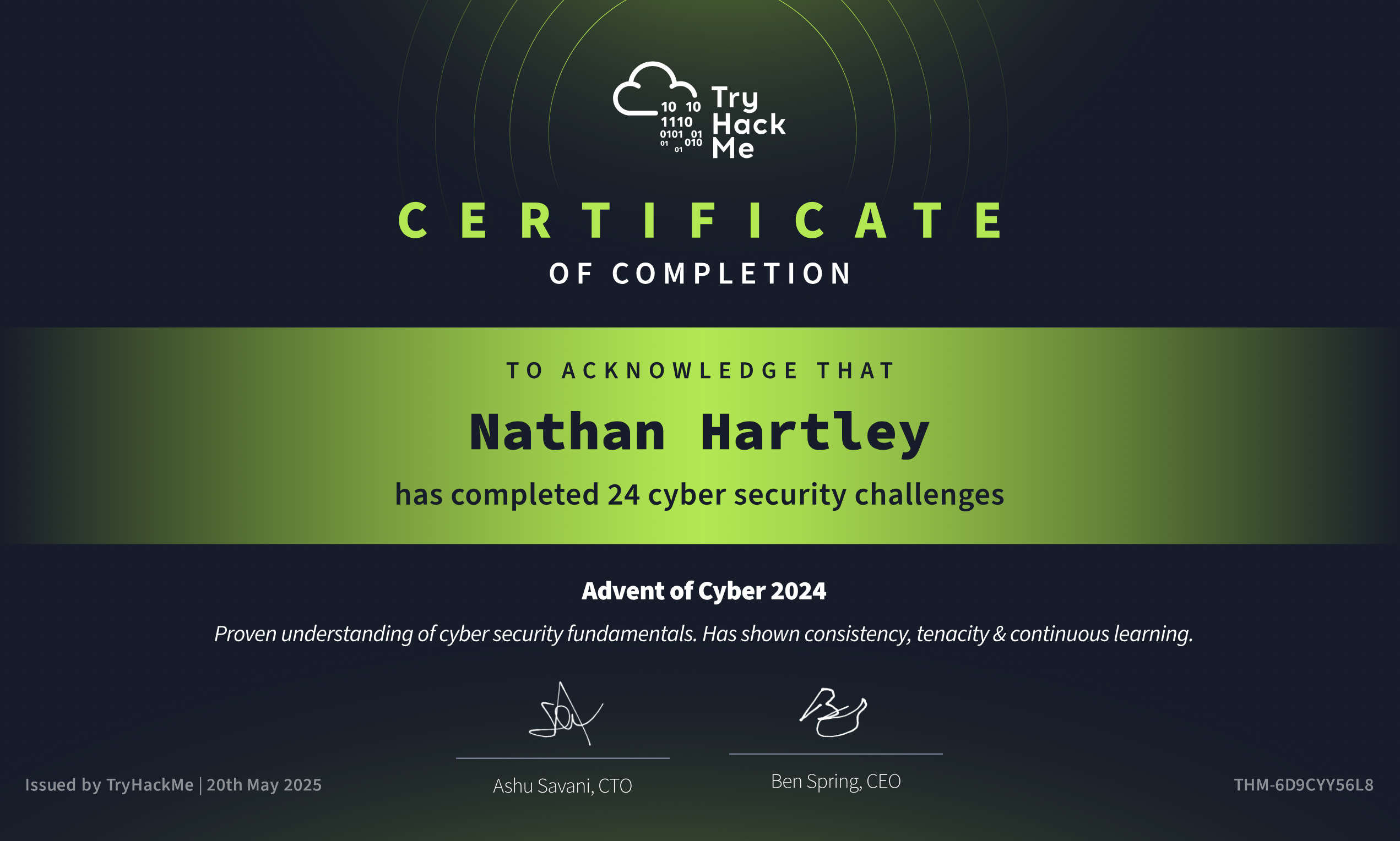 Advent of Cyber Certificate