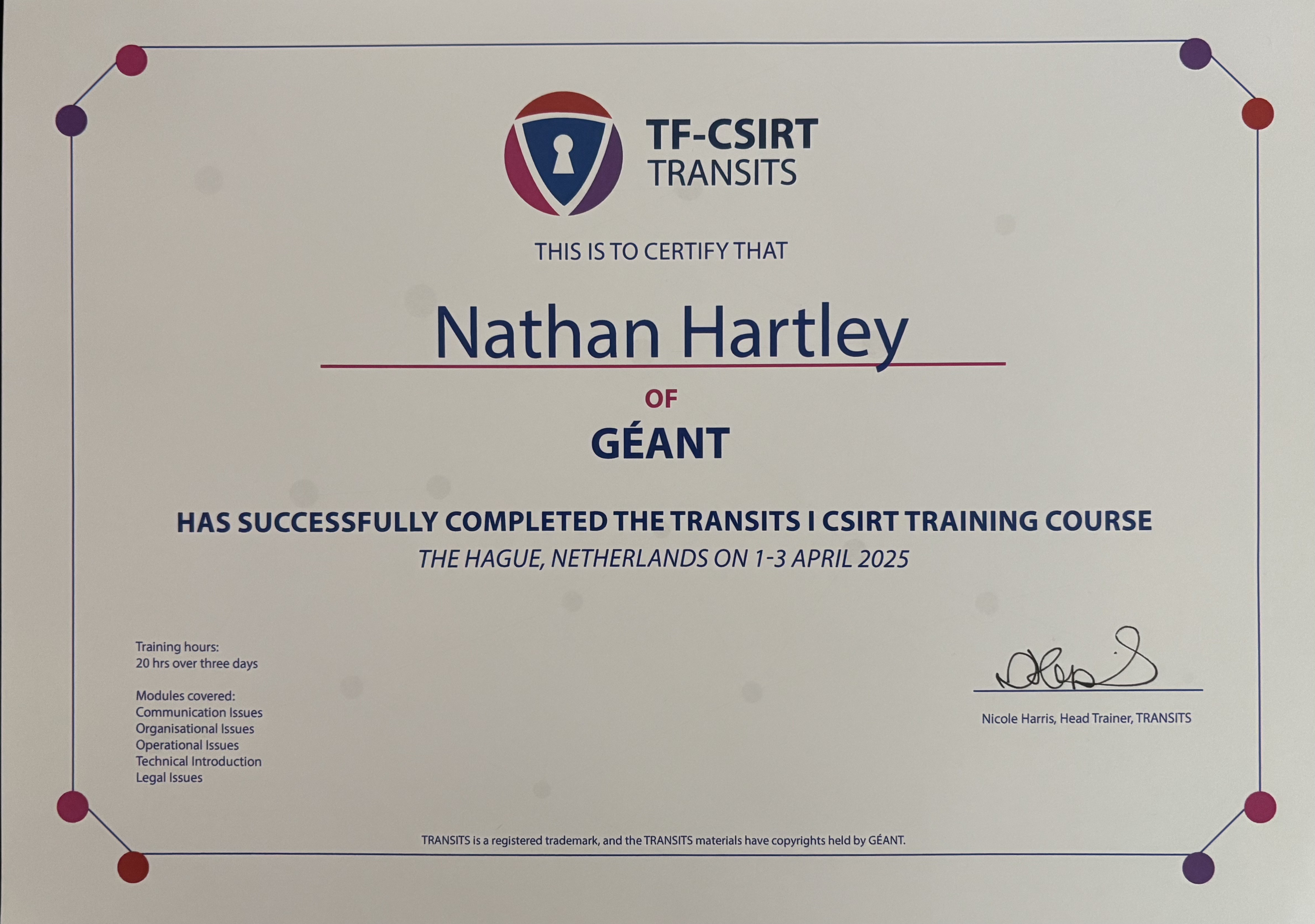 TRANSITS 1 Certificate